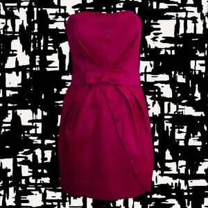 Hot Pink Strapless Mini Dress • by Cache • Belt with Bow • Pleated Wrap Top
